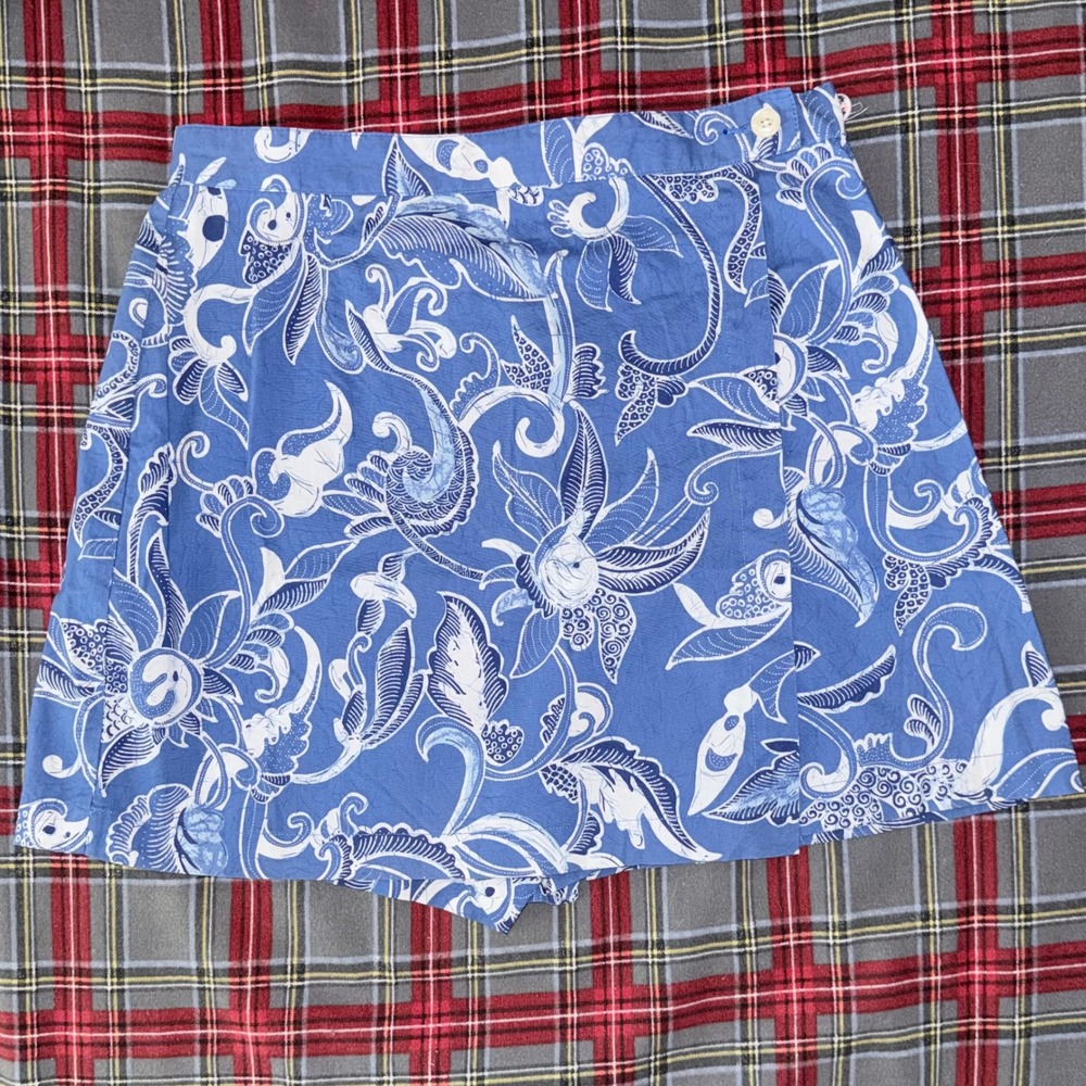 Vintage 90s Tommy Hilfiger Batik Print Wrap Skort - Blue & White Floral - Size 8